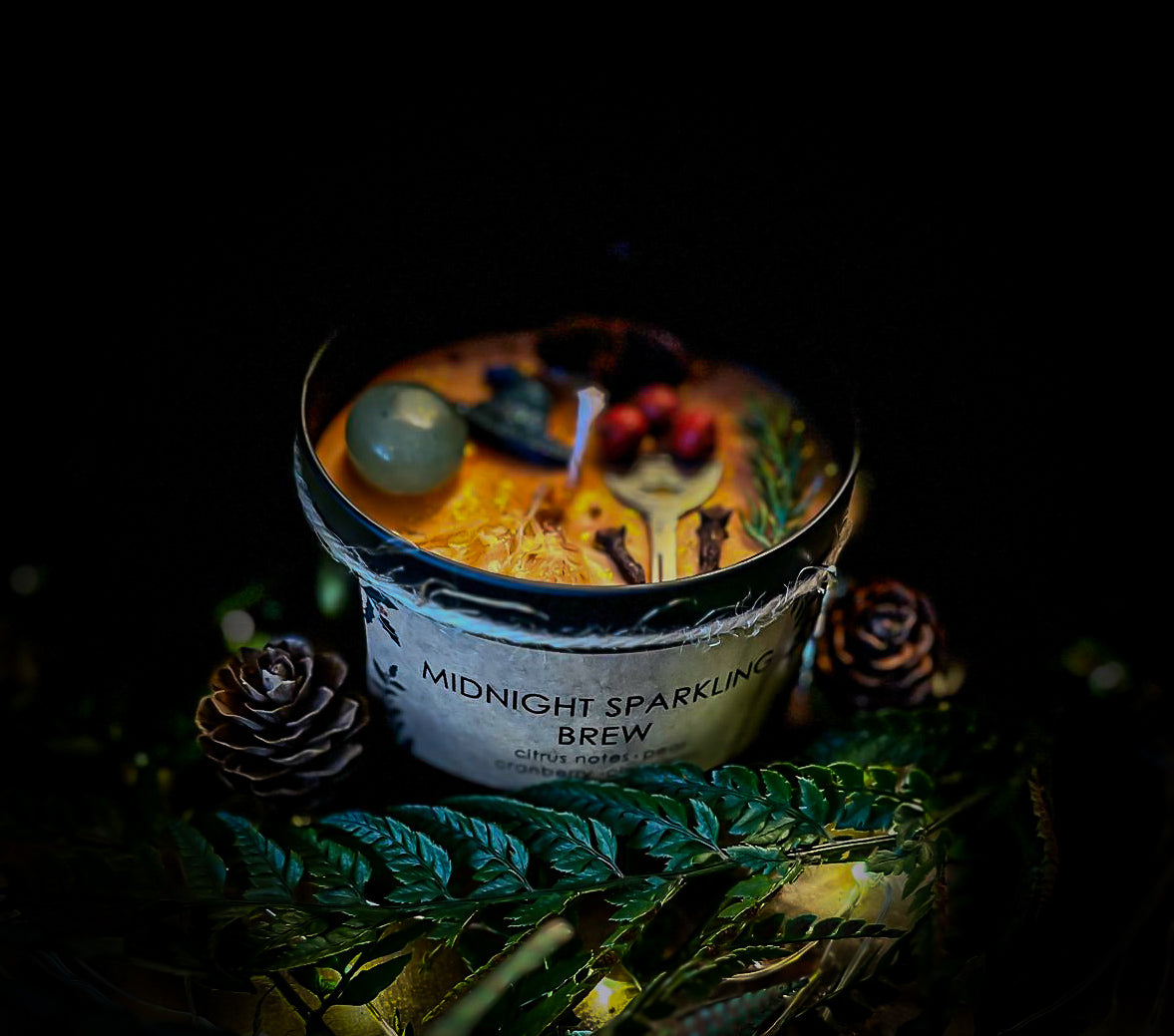 MIDNIGHT SPARKLING BREW| Crystal Infused & Decorated Scented Candle