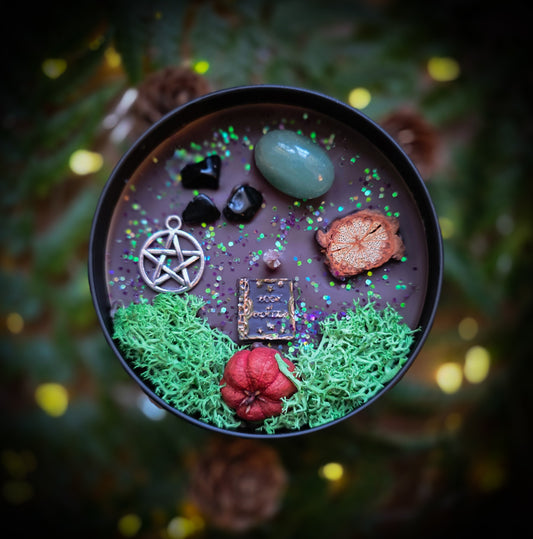 BOOK OF SHADOWS Crystal Infused and Decorated Candle