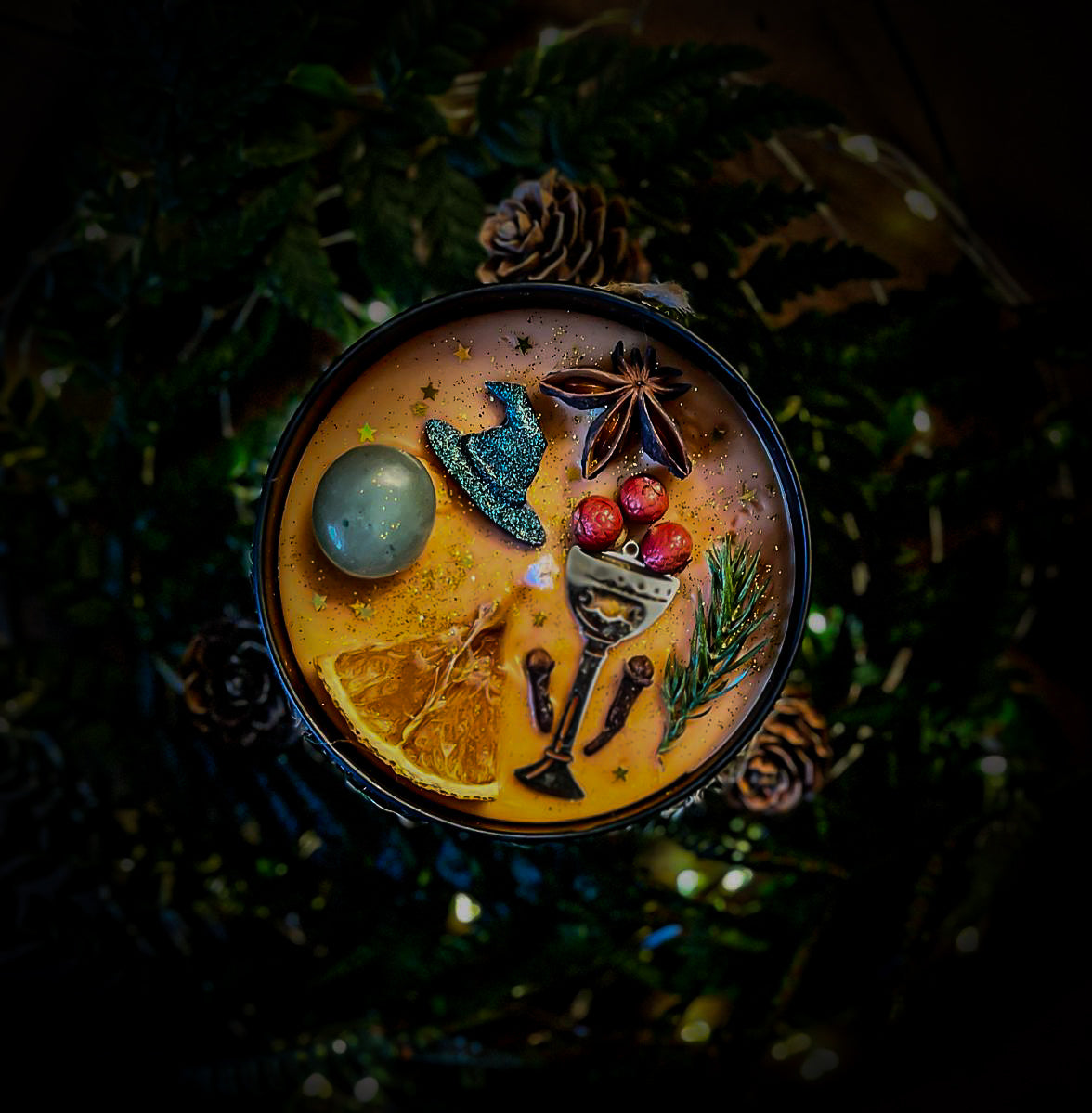 MIDNIGHT SPARKLING BREW| Crystal Infused & Decorated Scented Candle