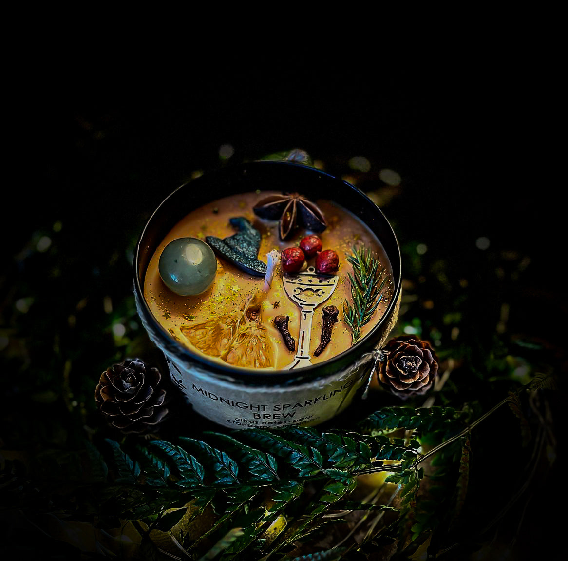 MIDNIGHT SPARKLING BREW| Crystal Infused & Decorated Scented Candle