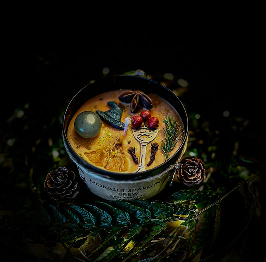 MIDNIGHT SPARKLING BREW| Crystal Infused & Decorated Scented Candle