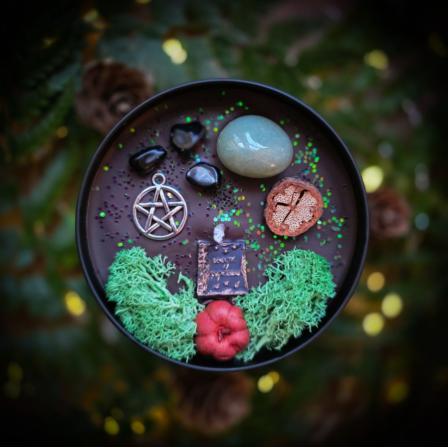 BOOK OF SHADOWS Crystal Infused and Decorated Candle